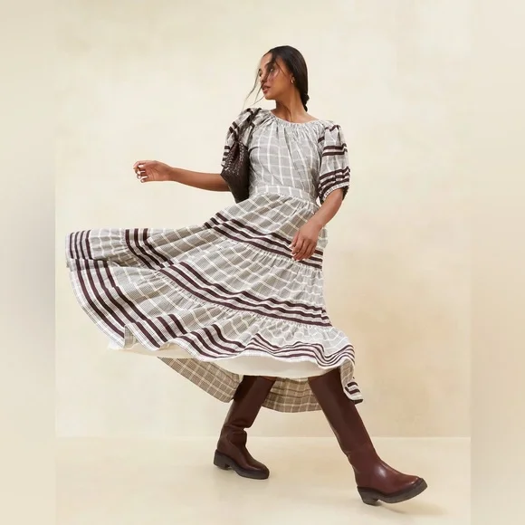 Loeffler Randall Linen Cotton Chocolate Brown Plaid Skit Set - Size L - Picture 1 of 15